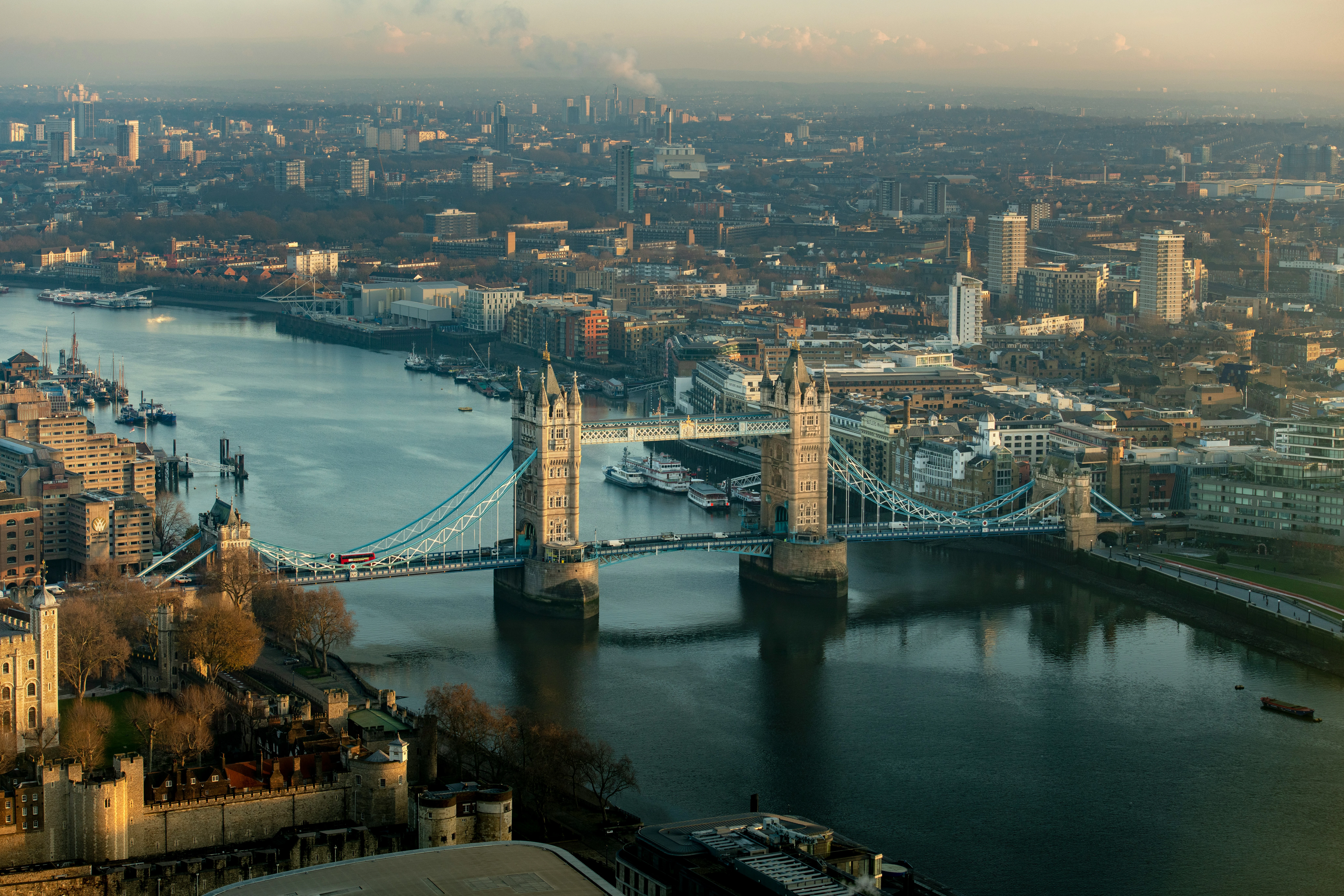 Aerial view of Tower Bridge at dusk
