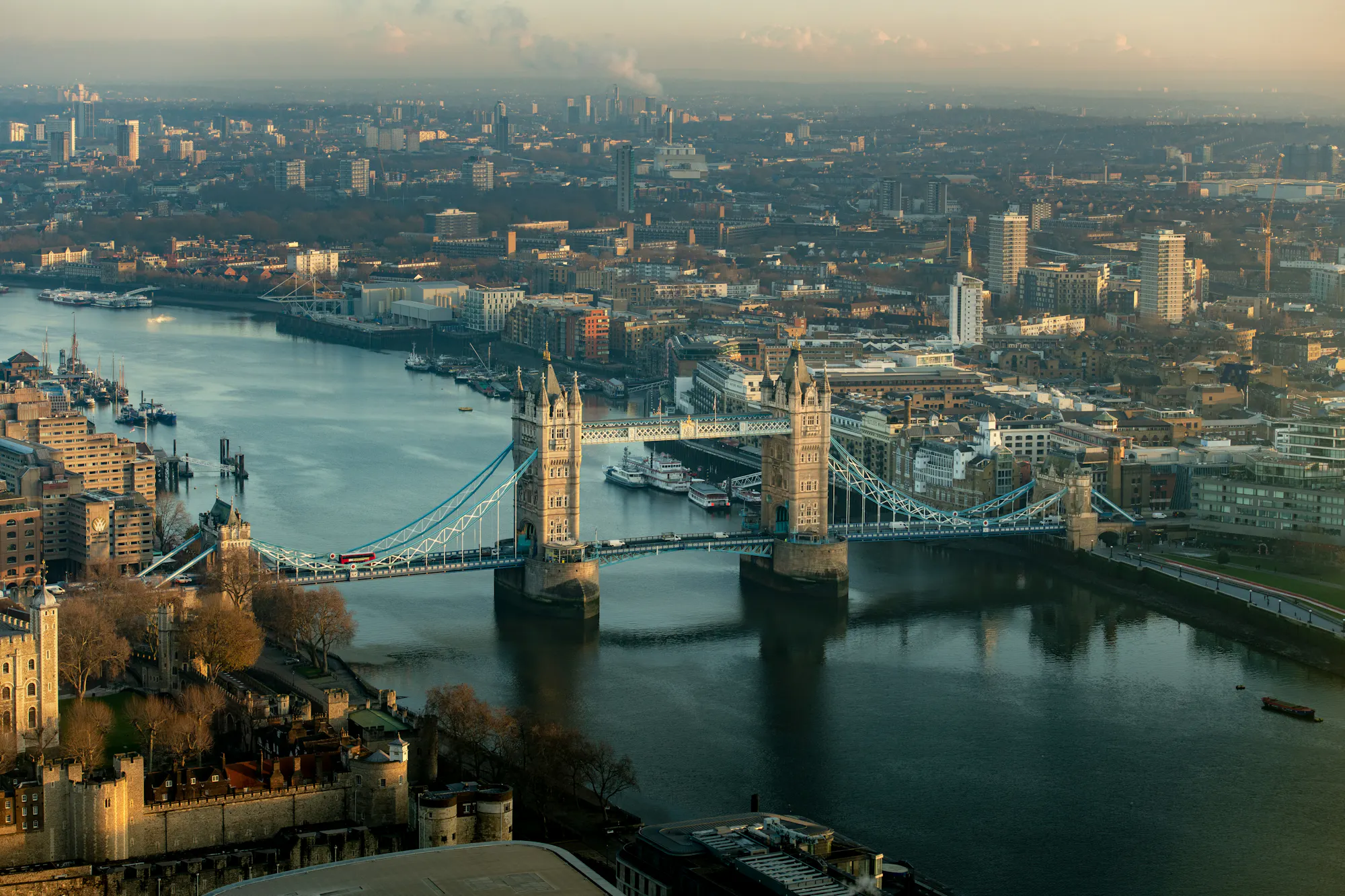 Aerial view of Tower Bridge at dusk
