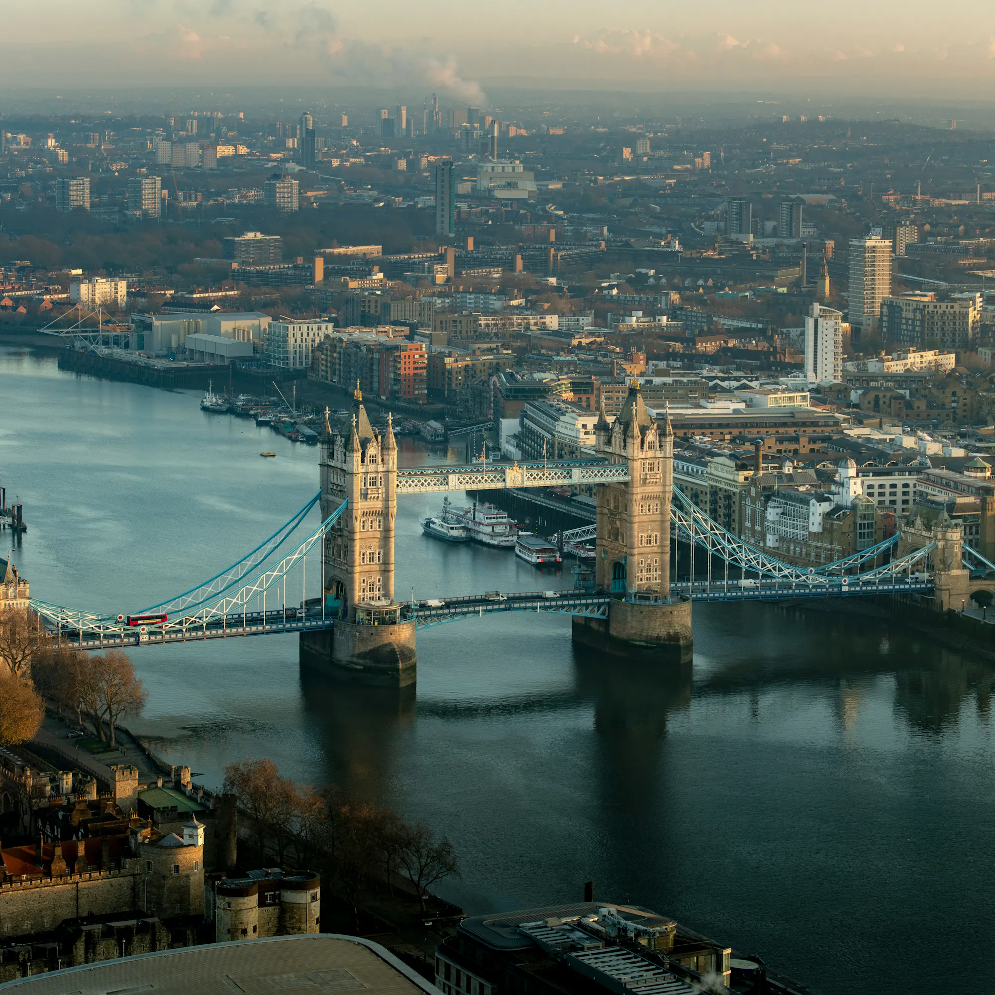 Aerial view of Tower Bridge at dusk