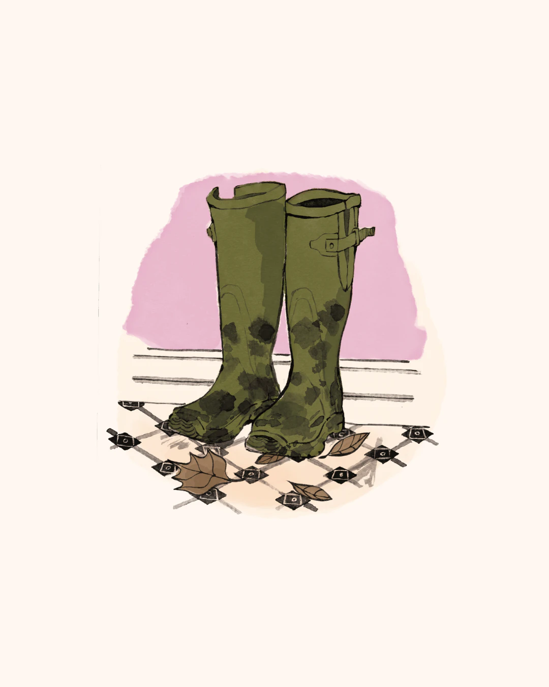 Illustration of muddy wellies on tile floor and fallen leaves