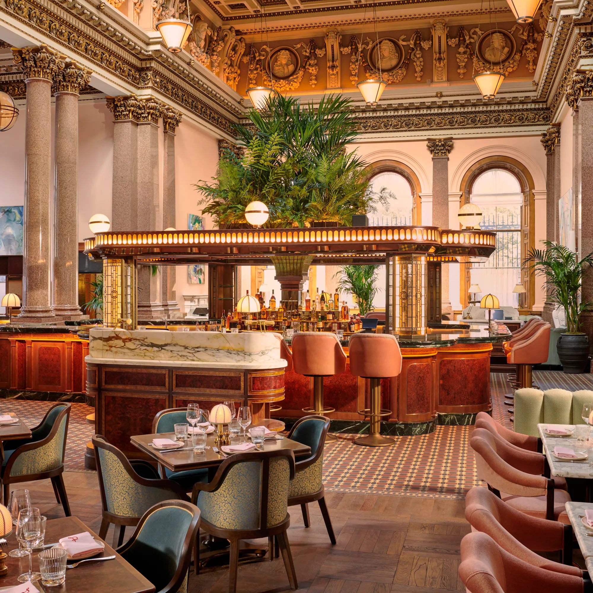 Gleneagles Townhouse's grand dining room, granite columns and gilded ceiling above a marble bar.